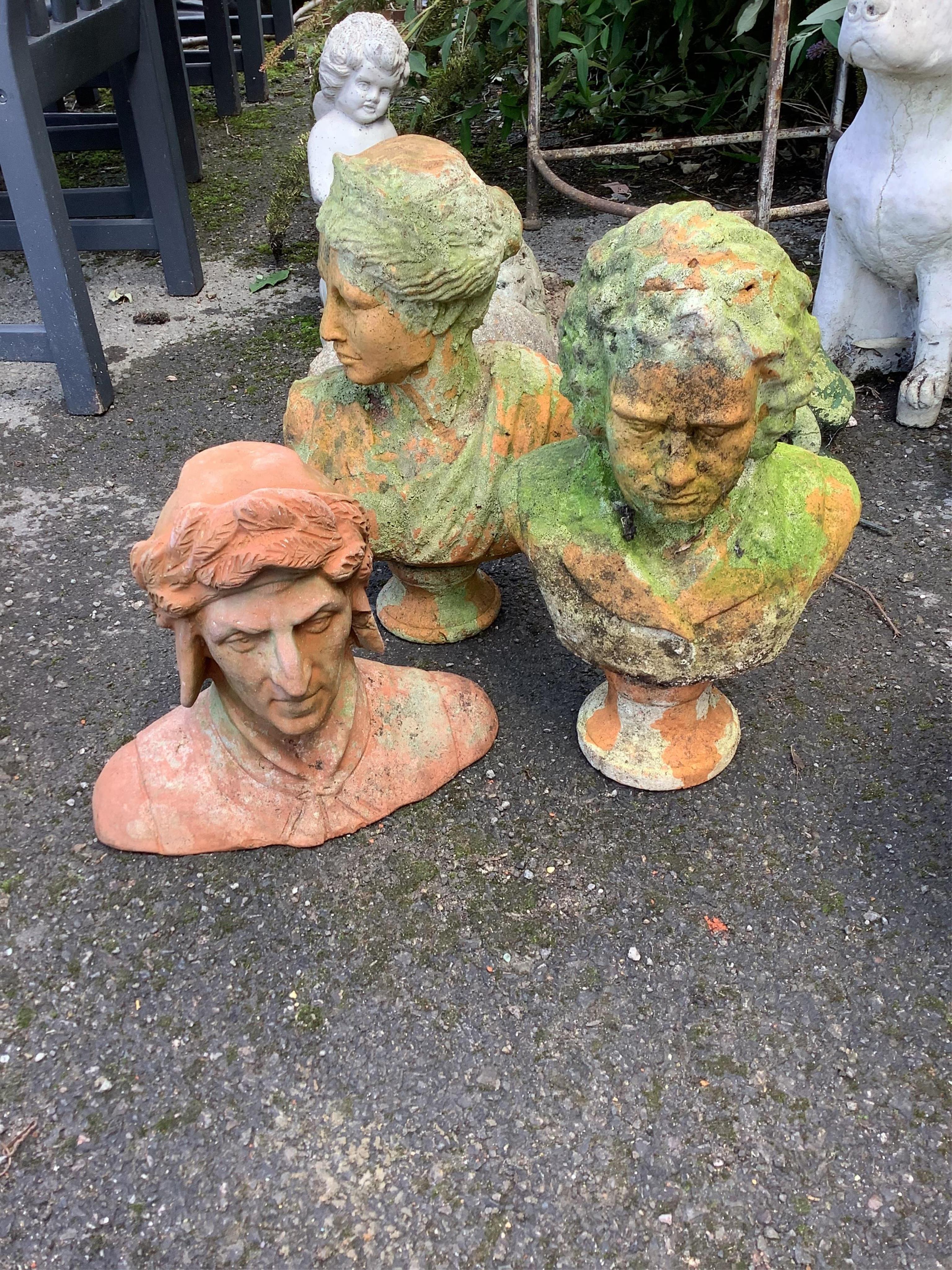 Ten assorted reconstituted stone and terracotta garden ornaments, busts and assorted animals, largest height 60cm. Condition - all weathered but otherwise fair